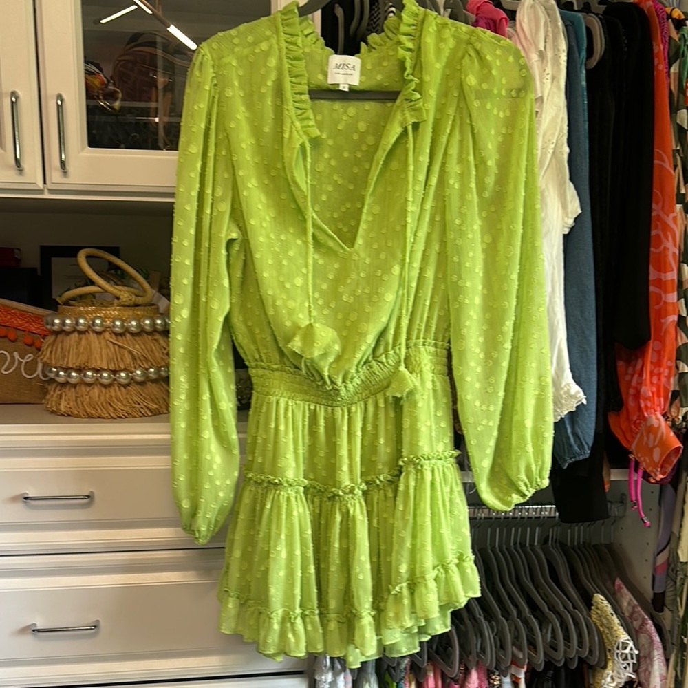 Misa Los Angeles Green Ruffled Tie Front Mini Dress